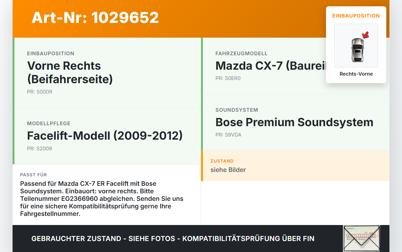 Mazda CX-7 CX7 ER 09-12 Lautsprecher Rechts Vorne Subwoofer Bassbox Mazda CX-7 CX7 ER 09-12 20.12.2010 EG2366960... Vorschau 3