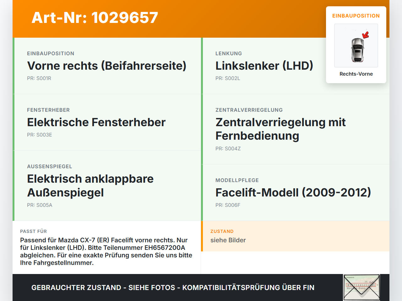 Mazda CX-7 CX7 ER 09-12 Kabelbaum für Tür und Fensterheber Rechts Vorne Mazda CX-7 CX7 ER 09-12 20.12.2010... Vorschau 3