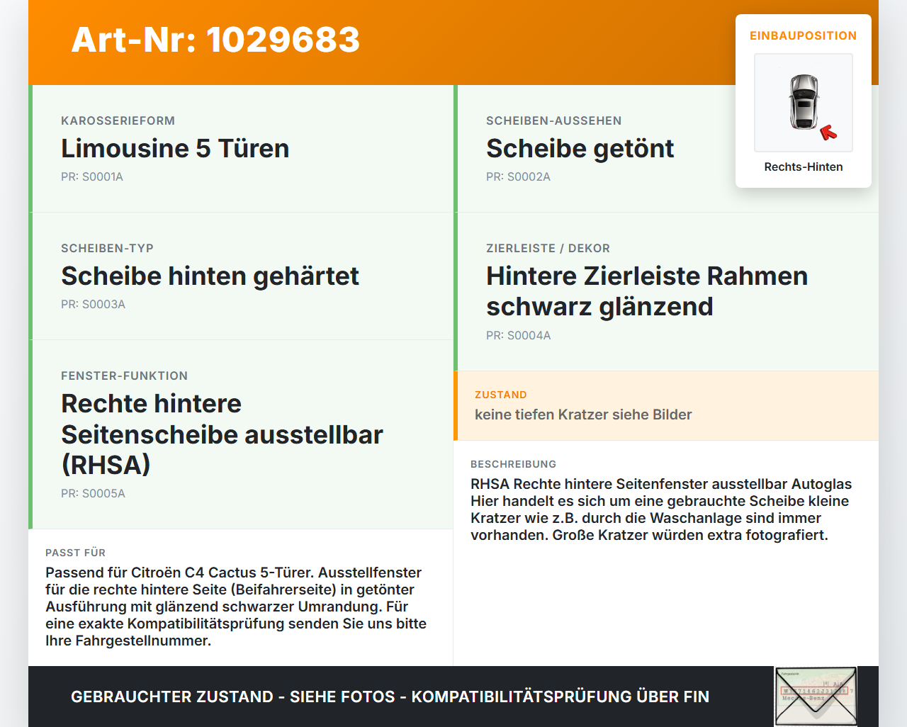 Citroen C4 Cactus 14-18 Seitenscheibe Ausstell Scheibe Rechts Hinten Citroen C4 Cactus 14-18 01.01.2015 gebraucht Vorschau 3