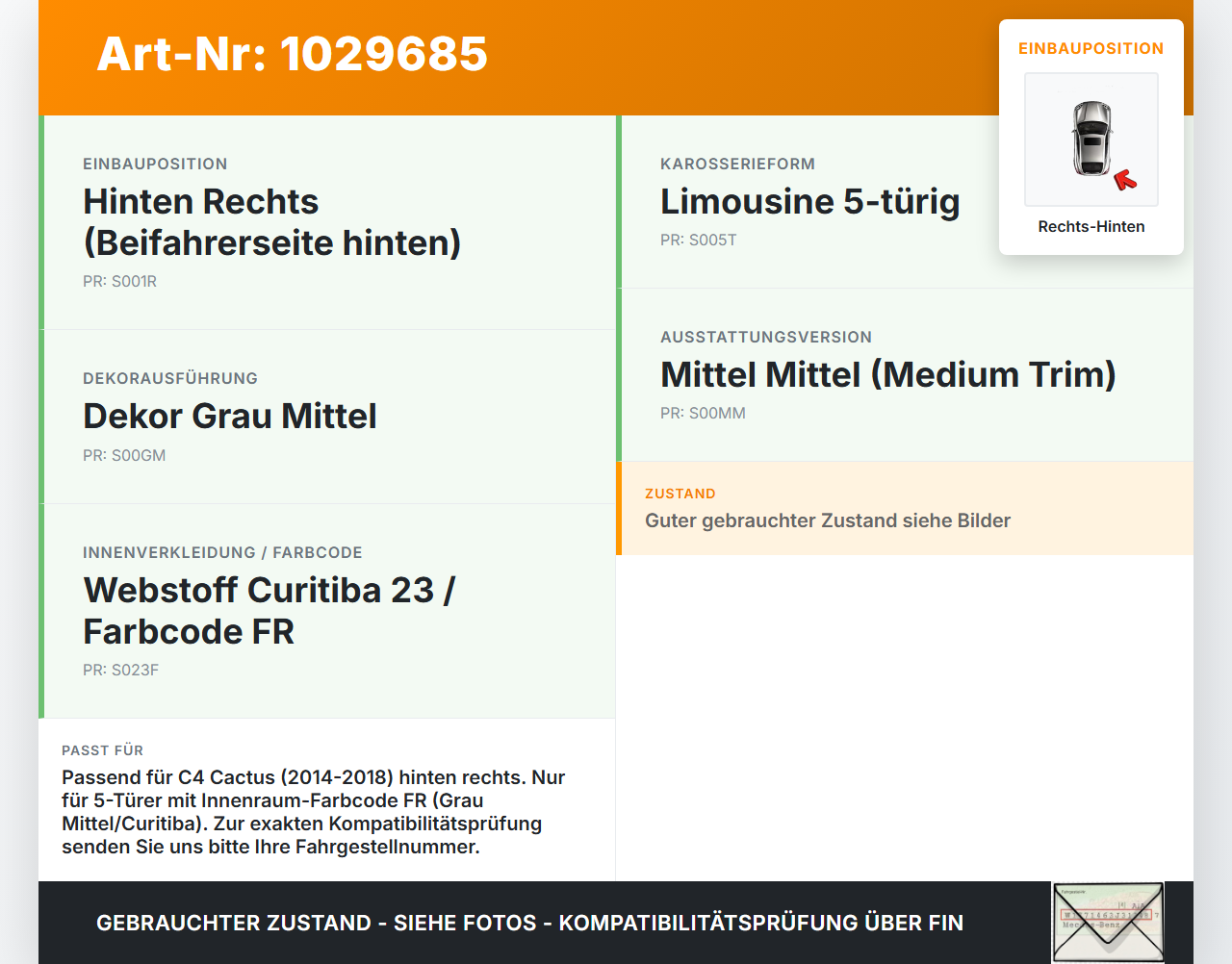 Citroen C4 Cactus 14-18 Griff Griffmuschel Türgriff Innen Rechts Hinten Citroen C4 Cactus 14-18 01.01.2015 gebraucht Vorschau 3