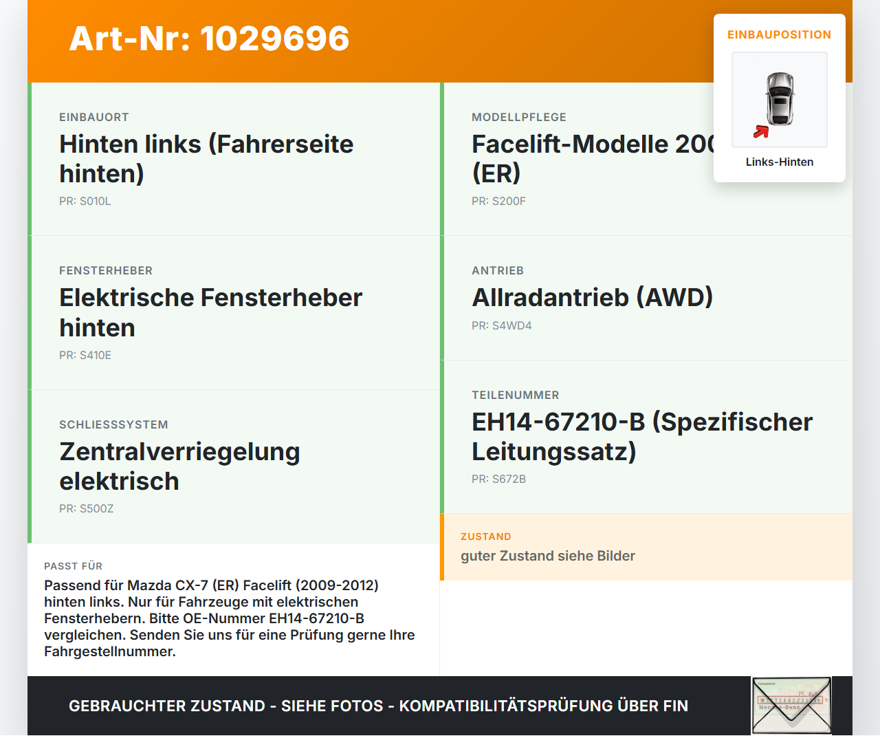 Mazda CX-7 CX7 ER 09-12 Kabelbaum für Tür und Fensterheber Links Hinten Mazda CX-7 CX7 ER 09-12 20.12.2010... Vorschau 3