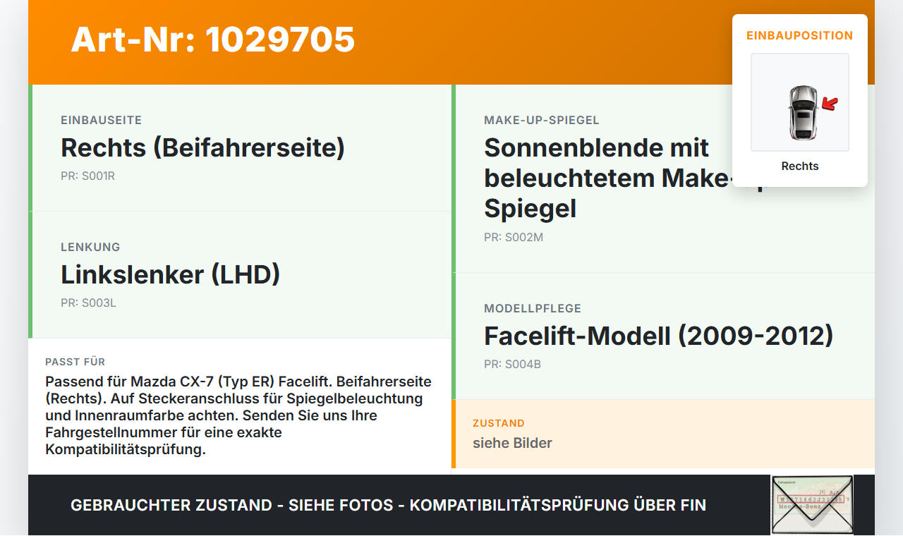 Mazda CX-7 CX7 ER 09-12 Sonnenblende Rechts für Beifahrer Mazda CX-7 CX7 ER 09-12 20.12.2010 gebraucht Vorschau 3
