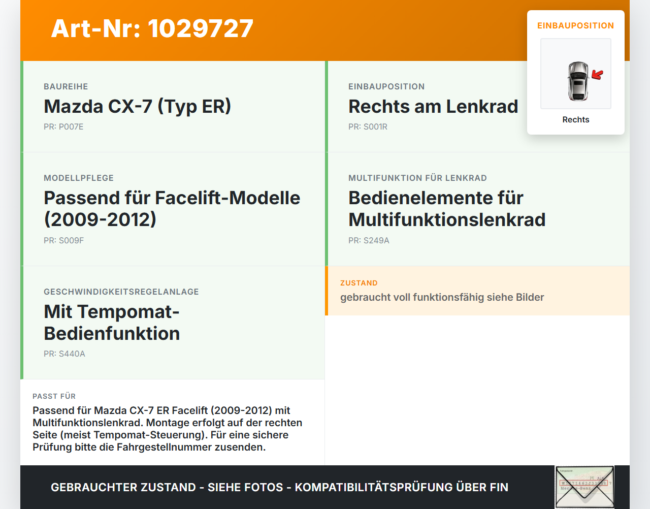 Mazda CX-7 CX7 ER 09-12 Lenkradschalter Multifunktionstasten Schalter für Lenkrad Rechts Mazda CX-7 CX7 ER 09-12... Vorschau 3