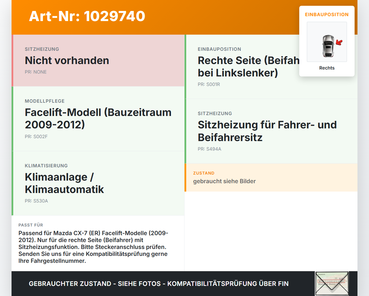 Mazda CX-7 CX7 ER 09-12 Sitzheizung Schalter Regler Rechts Mazda CX-7 CX7 ER 09-12 20.12.2010 191482 482-2H00 gebraucht Vorschau 3