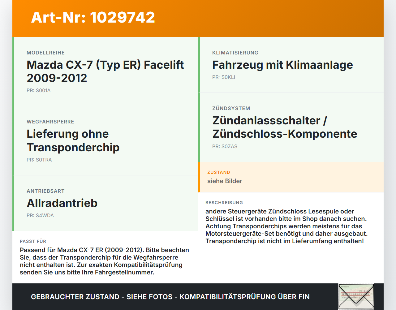 Mazda CX-7 CX7 ER 09-12 Zündanlasser Mazda CX-7 CX7 ER 09-12 20.12.2010 gebraucht Vorschau 3