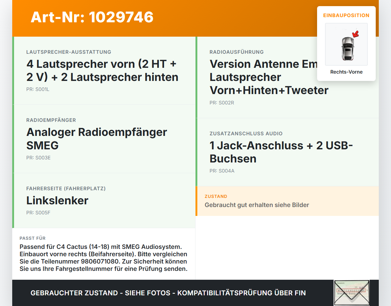 Citroen C4 Cactus 14-18 Lautsprecher Rechts Vorne Citroen C4 Cactus 14-18 01.01.2015 9806071080-00 434107866341... Vorschau 3