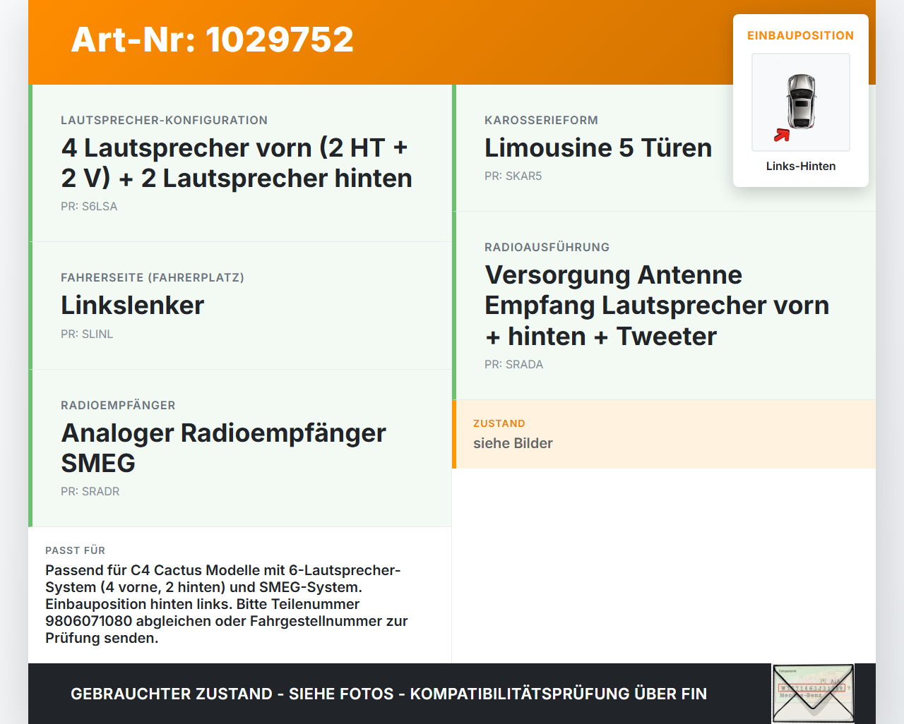 Citroen C4 Cactus 14-18 Lautsprecher Links Hinten Citroen C4 Cactus 14-18 01.01.2015 9806071080-00 434107866341... Vorschau 3