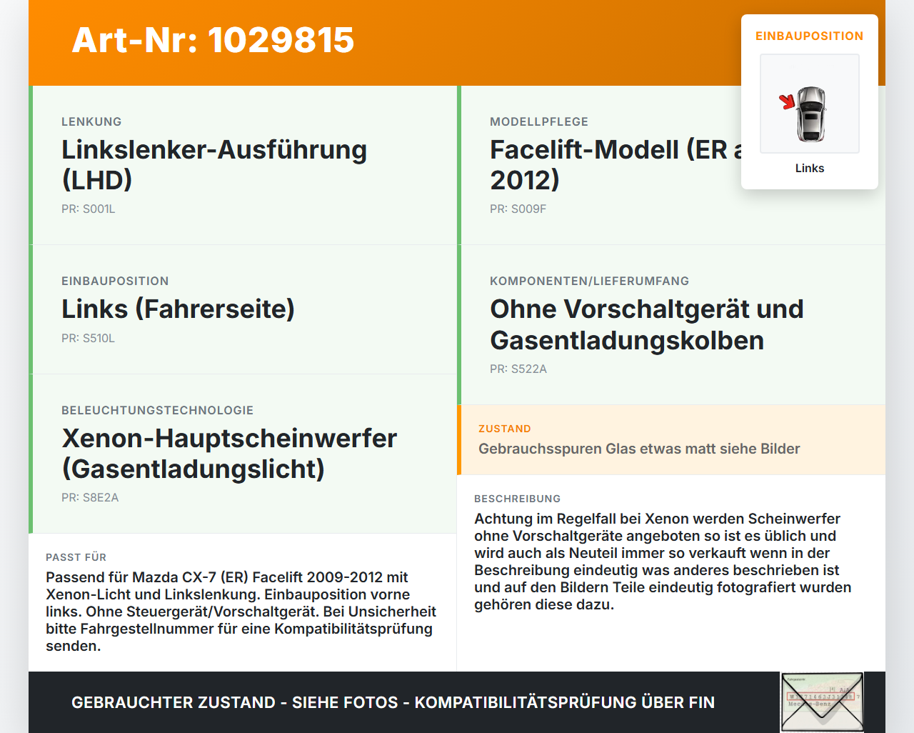 Mazda CX-7 CX7 ER 09-12 Xenon Scheinwerfer Frontscheinwerfer Links Mazda CX-7 CX7 ER 09-12 20.12.2010 EH62-51-041E... Vorschau 3