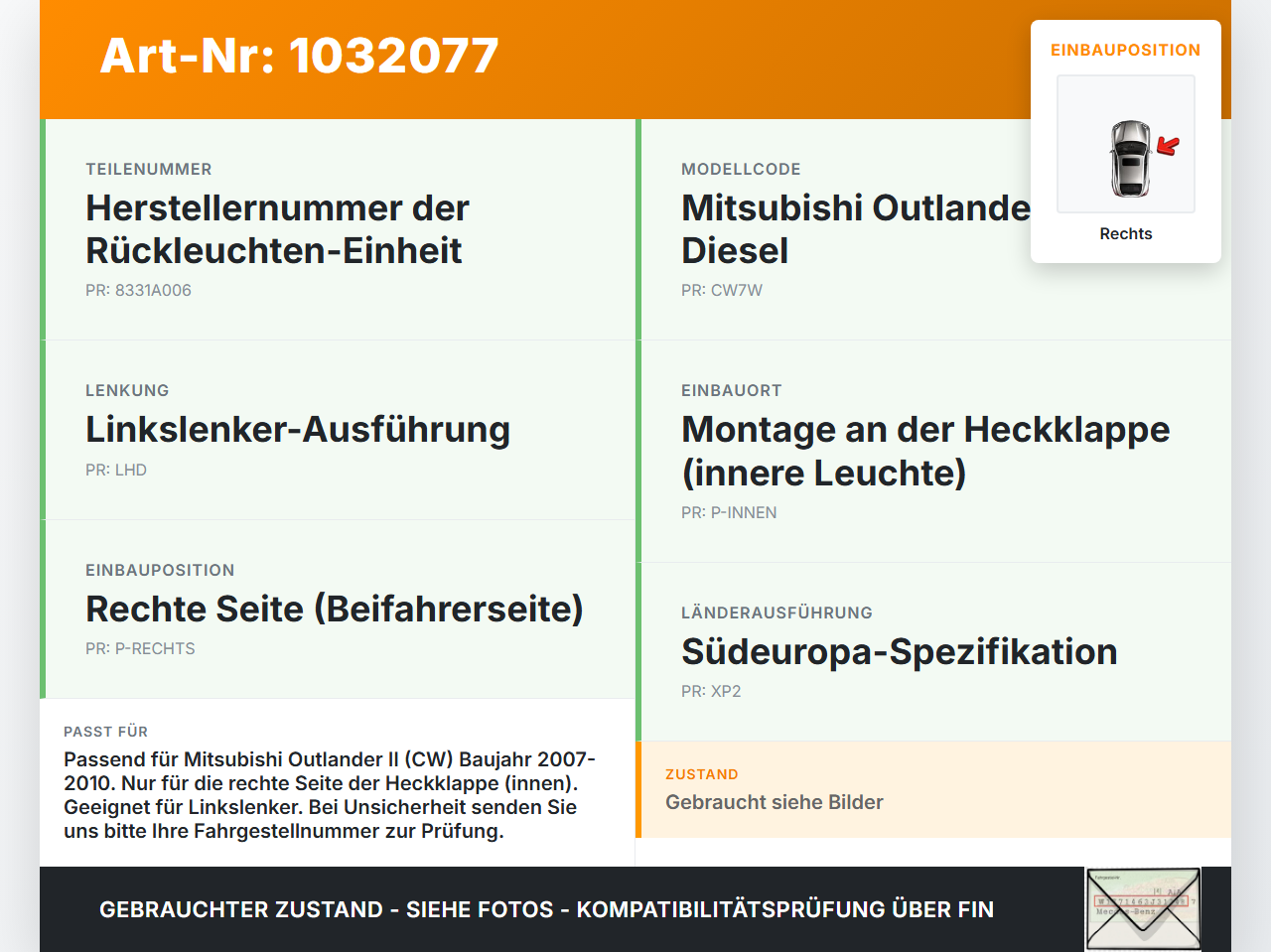 Mitsubishi Outlander CW II 07-10 Rückleuchte Heckleuchte für Klappe Rechts Mitsubishi Outlander CW II 07-10... Vorschau 3