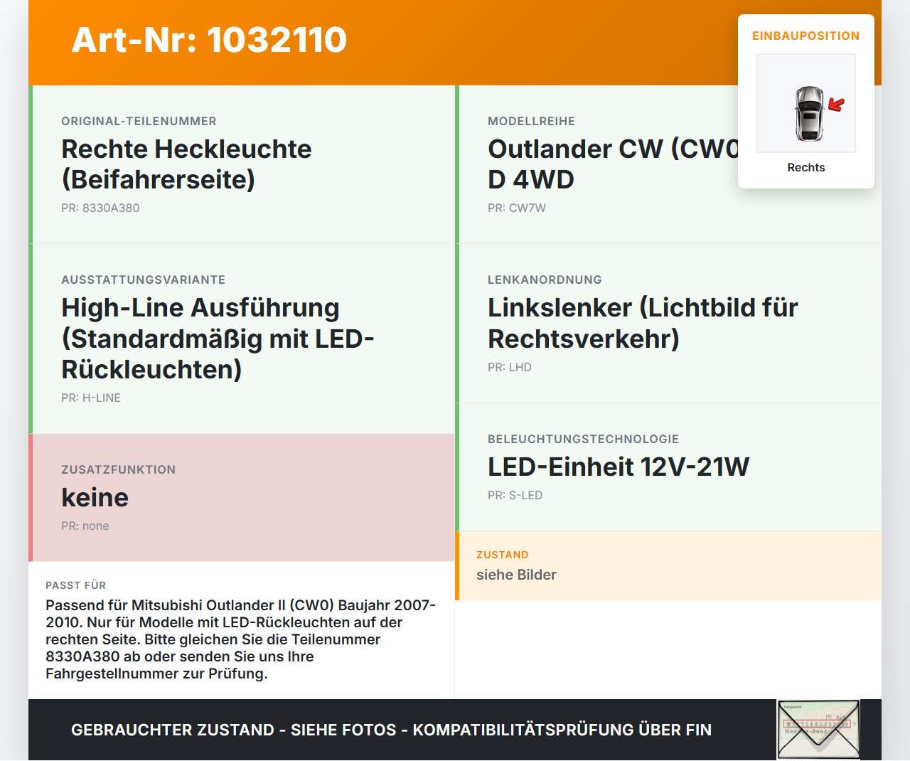Mitsubishi Outlander CW II 07-10 Rückleuchte Rücklicht Heckleuchte Rechts orig Mitsubishi Outlander CW II 07-10... Vorschau 3