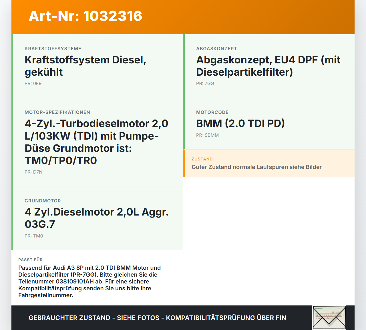 Audi A3 8P 04-08 TDI 2,0 103KW BMM Nockenwelle Audi A3 8P 04-08 12.10.2007 038109101AH gebraucht Vorschau 3