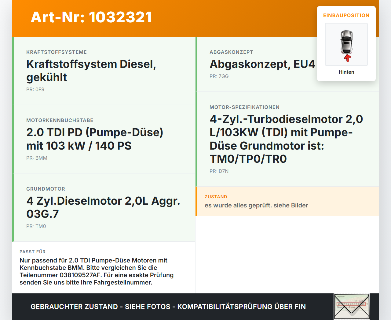 Audi A3 8P 04-08 TDI 2,0 103KW BMM Kipphebel Schlepphebel Hinten Audi A3 8P 04-08 12.10.2007 038109527AF gebraucht Vorschau 3
