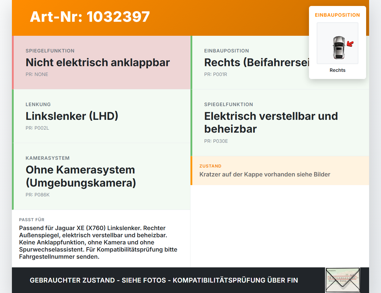Jaguar XE X760 15-19 Spiegel Aussenspiegel Rechts Elektrisch Jaguar XE X760 15-19 26.08.2018 T2H3008 gebraucht Vorschau 3