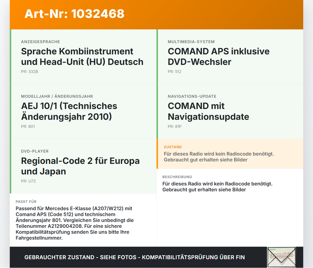Mercedes A207 E250 10-13 Navigationssystem Navi Comand APS Mercedes A207 E250 10-13 31.08.2010 A2129004208... Vorschau 3