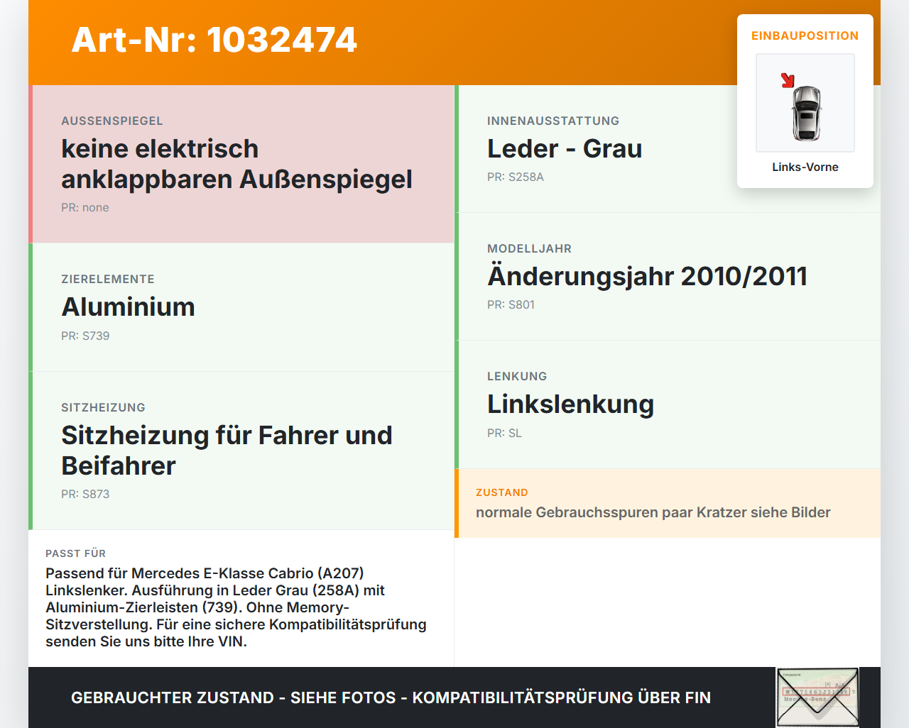 Mercedes A207 E250 10-13 Cabrio Türverkleidung Türpappe Links Vorne Mercedes A207 E250 10-13 31.08.2010 A2077200070... Vorschau 3