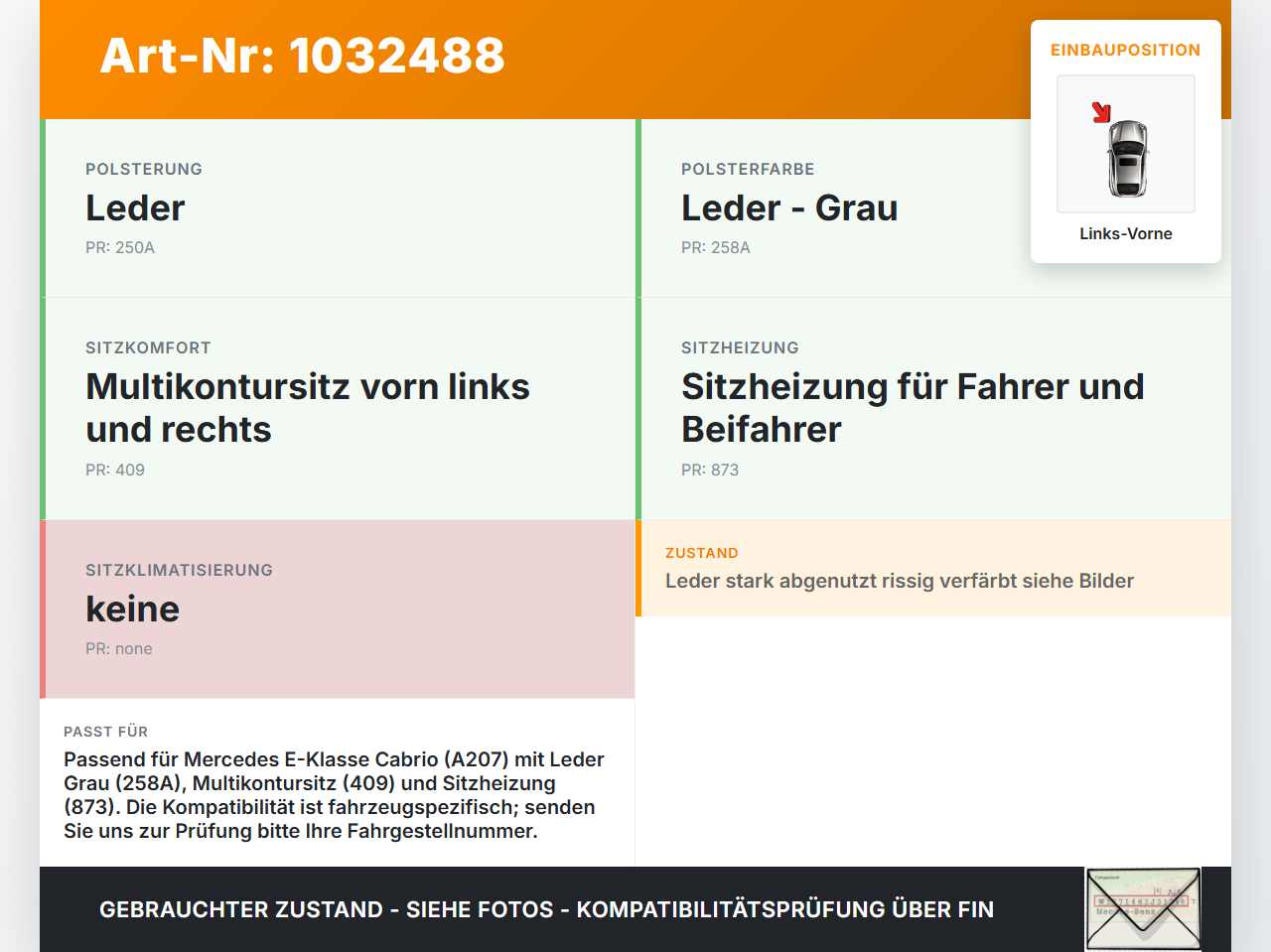 Mercedes A207 E250 10-13 Cabrio Sitzbezug Sitzpolster für Fahrersitz Sitz Links Vorne Leder belüftet beheizt... Vorschau 3