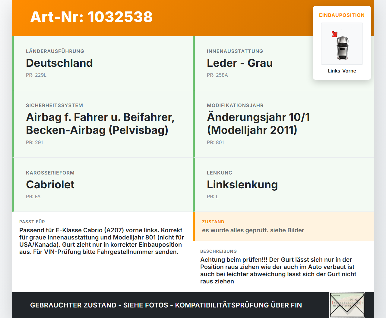 Mercedes A207 E250 10-13 Cabrio Gurt Sicherheitsgurt m. Gurtstraffer für Fahrer Links Vorne Mercedes A207 E250... Vorschau 3