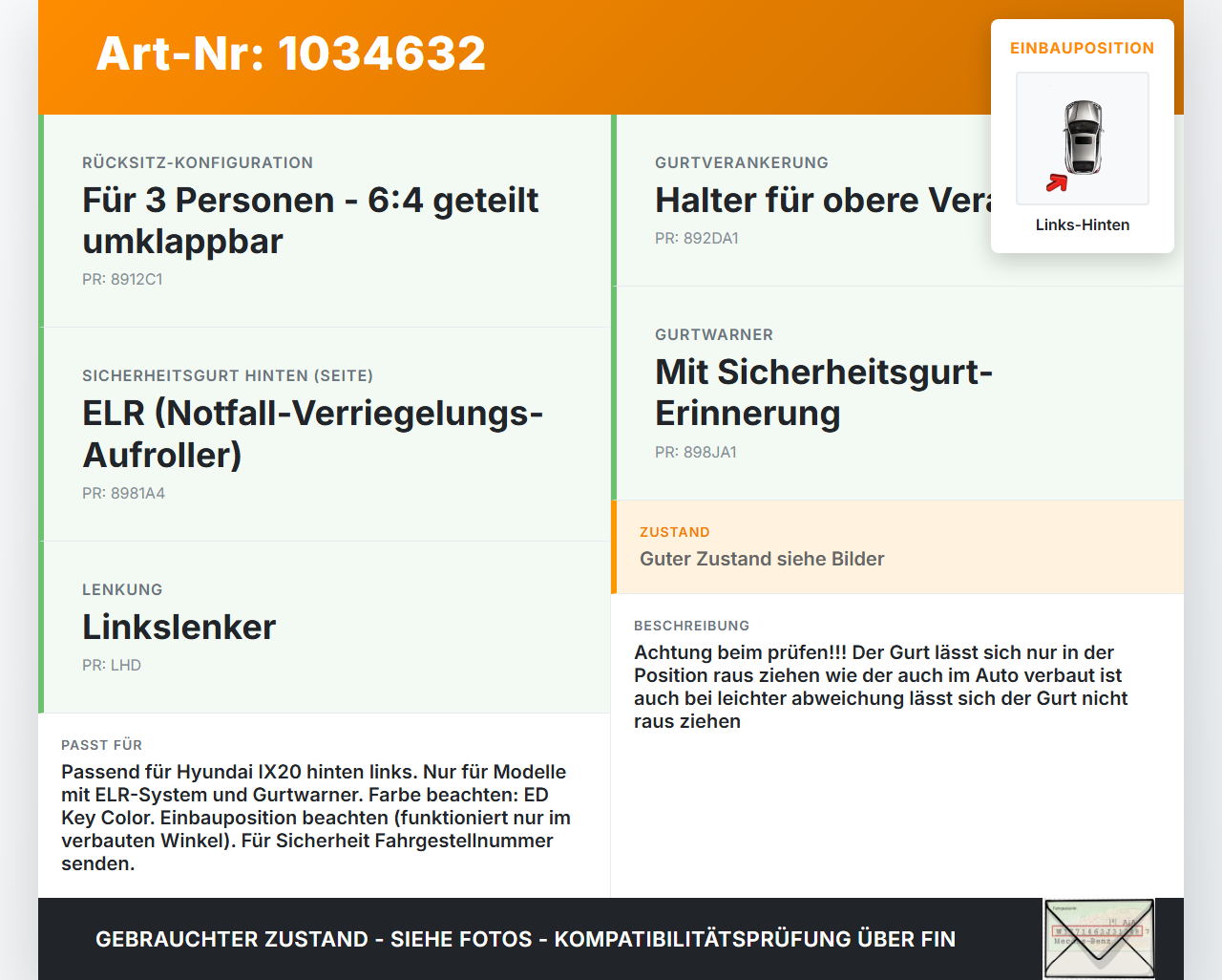 Hyundai IX20 JC 10-15 Gurt Sicherheitsgurt Links Hinten Hyundai IX20 JC 10-15 21.02.2014 898101P000EQ... Vorschau 3