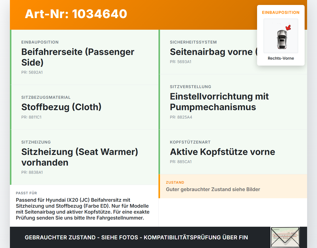 Hyundai IX20 JC 10-15 Sitzbezug Rückenpolster Rechts Vorne für Beifahrer Sitz beheizt Hyundai IX20 JC 10-15... Vorschau 3