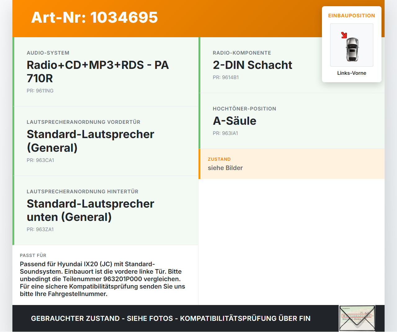 Hyundai IX20 JC 10-15 Lautsprecher Links Vorne Hyundai IX20 JC 10-15 21.02.2014 963301P000 963201P000 F-16175A gebraucht Vorschau 3