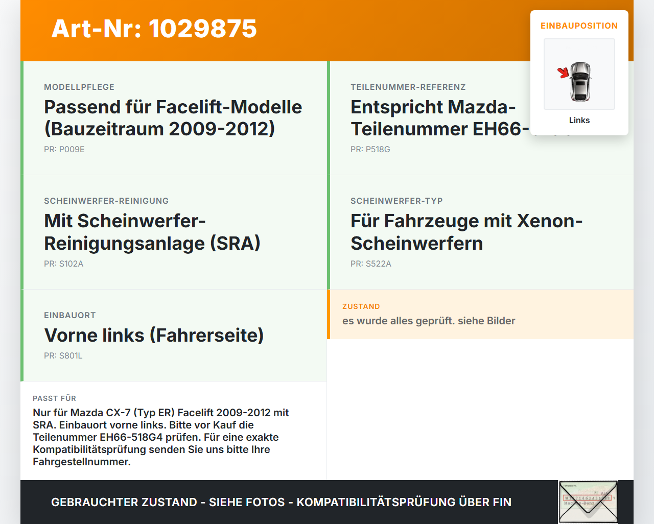 Mazda CX-7 CX7 ER 09-12 Waschdüse Hubzylinder SRA für Scheinwerfer Links Mazda CX-7 CX7 ER 09-12 20.12.2010... Vorschau 3