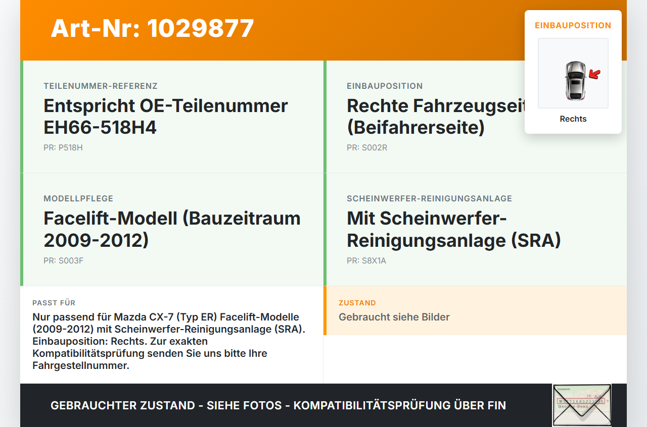 Mazda CX-7 CX7 ER 09-12 Waschdüse Hubzylinder SRA für Scheinwerfer Rechts Mazda CX-7 CX7 ER 09-12 20.12.2010... Vorschau 3