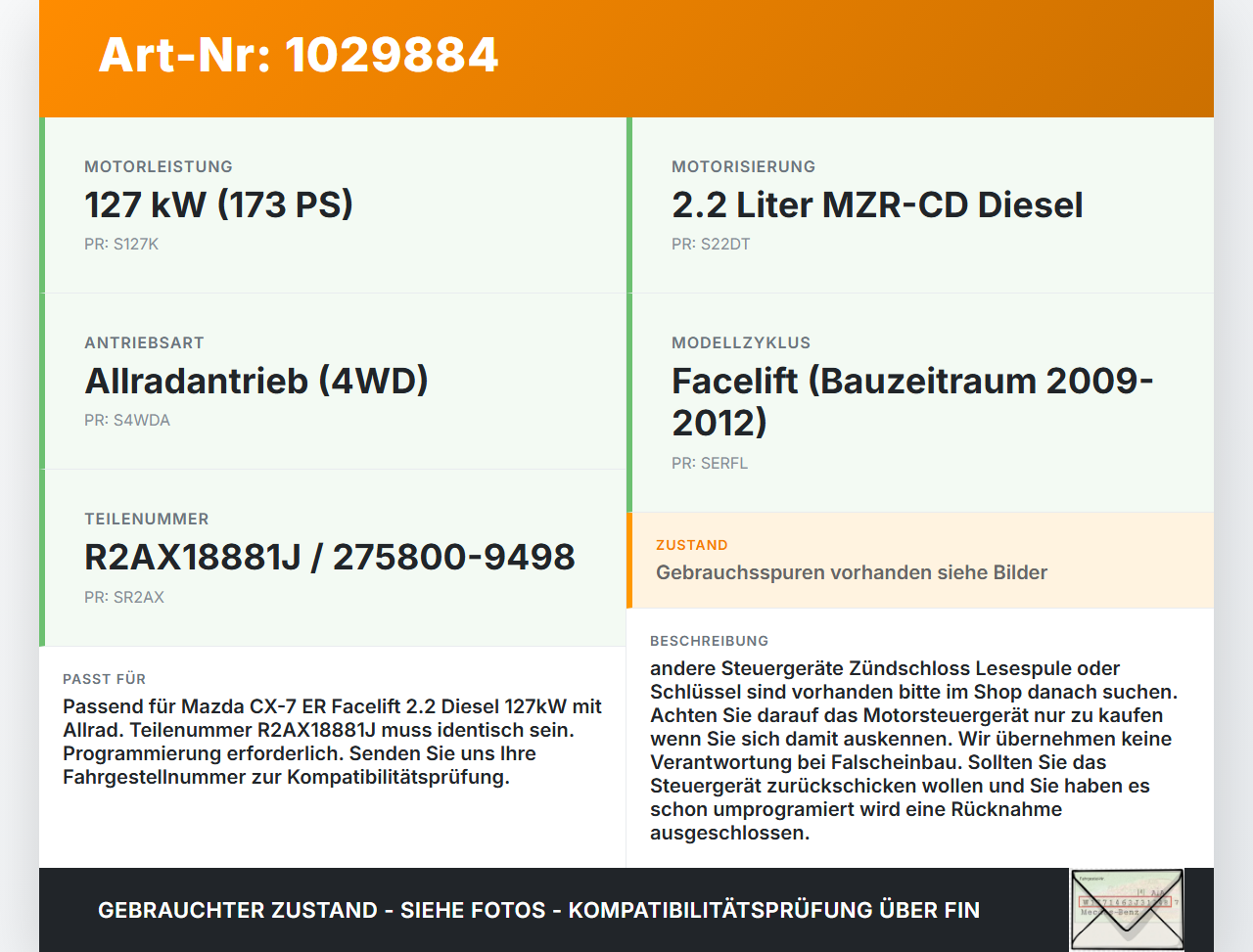 Mazda CX-7 CX7 ER 09-12 2,2d 127KW Steuergerät ECU für Motor Motorsteuergerät Mazda CX-7 CX7 ER 09-12 20.12.2010... Vorschau 3