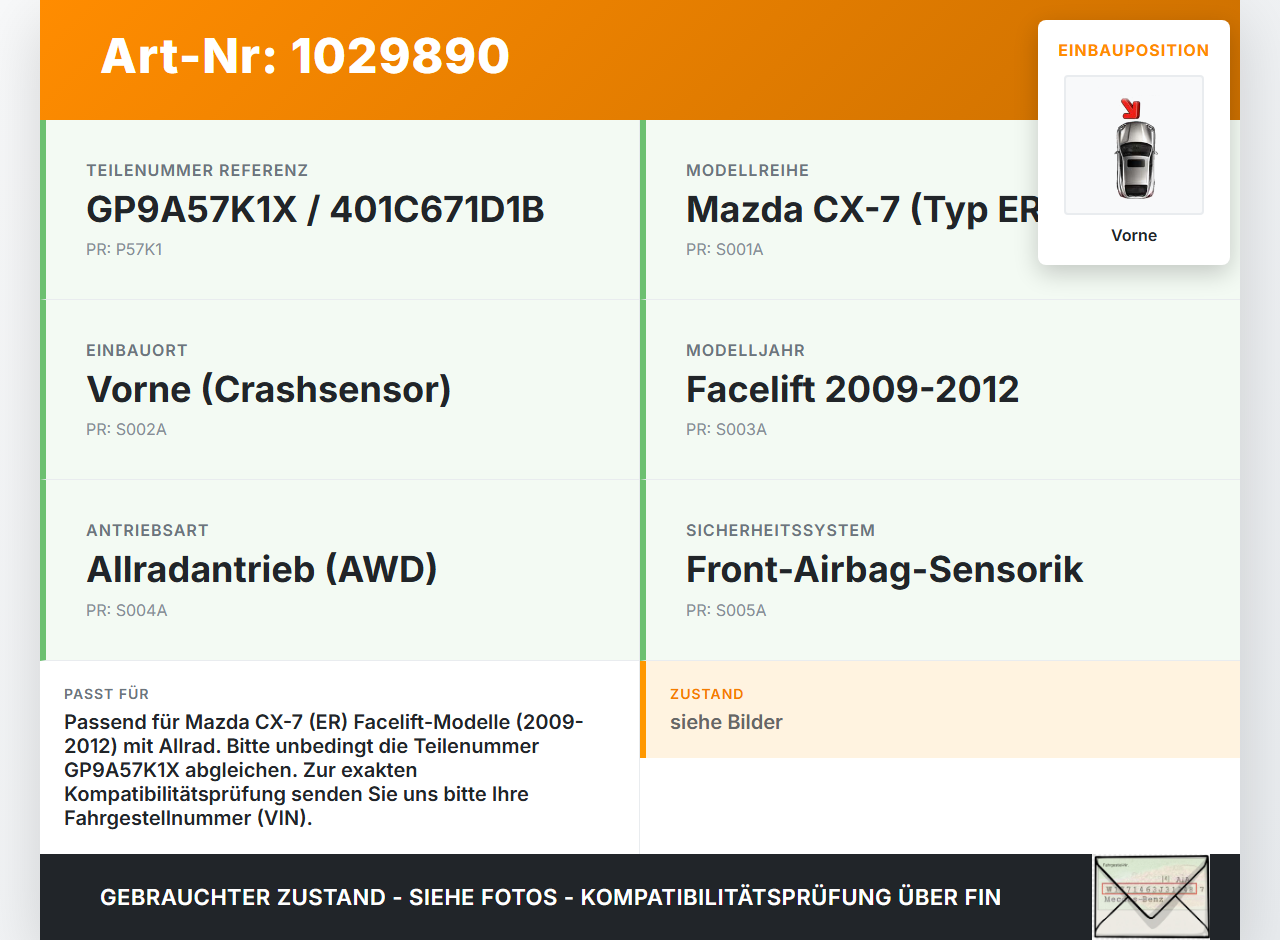 Mazda CX-7 CX7 ER 09-12 Airbagsensor Crashsensor Sensor Vorne Mazda CX-7 CX7 ER 09-12 20.12.2010 GP9A57K1X... Vorschau 3