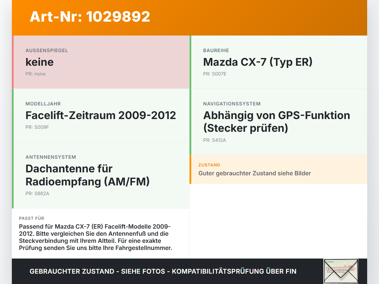 Mazda CX-7 CX7 ER 09-12 Antenne Dachantenne Mazda CX-7 CX7 ER 09-12 20.12.2010 gebraucht Vorschau 3