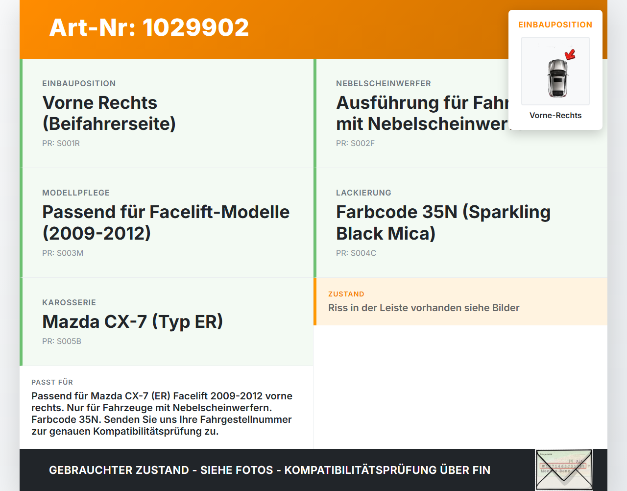 Mazda CX-7 CX7 ER 09-12 Lufteinlassgitter Nebelscheinwerfer Vorne Rechts 35N Mazda CX-7 CX7 ER 09-12 20.12.2010... Vorschau 3
