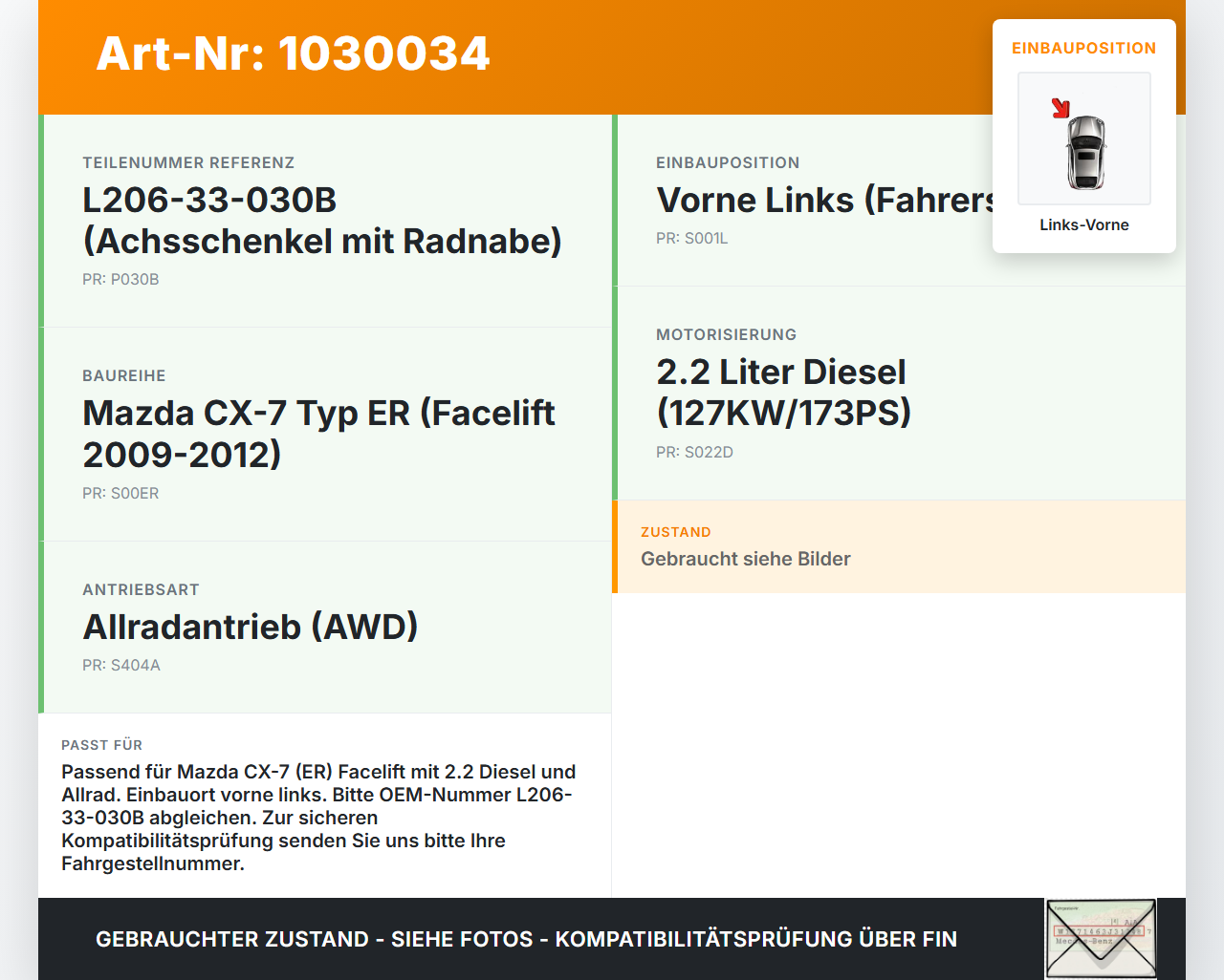 Mazda CX-7 CX7 ER 09-12 2,2d 127KW Achsschenkel Radnabe Links Vorne Mazda CX-7 CX7 ER 09-12 20.12.2010 L206-33-030B... Vorschau 3