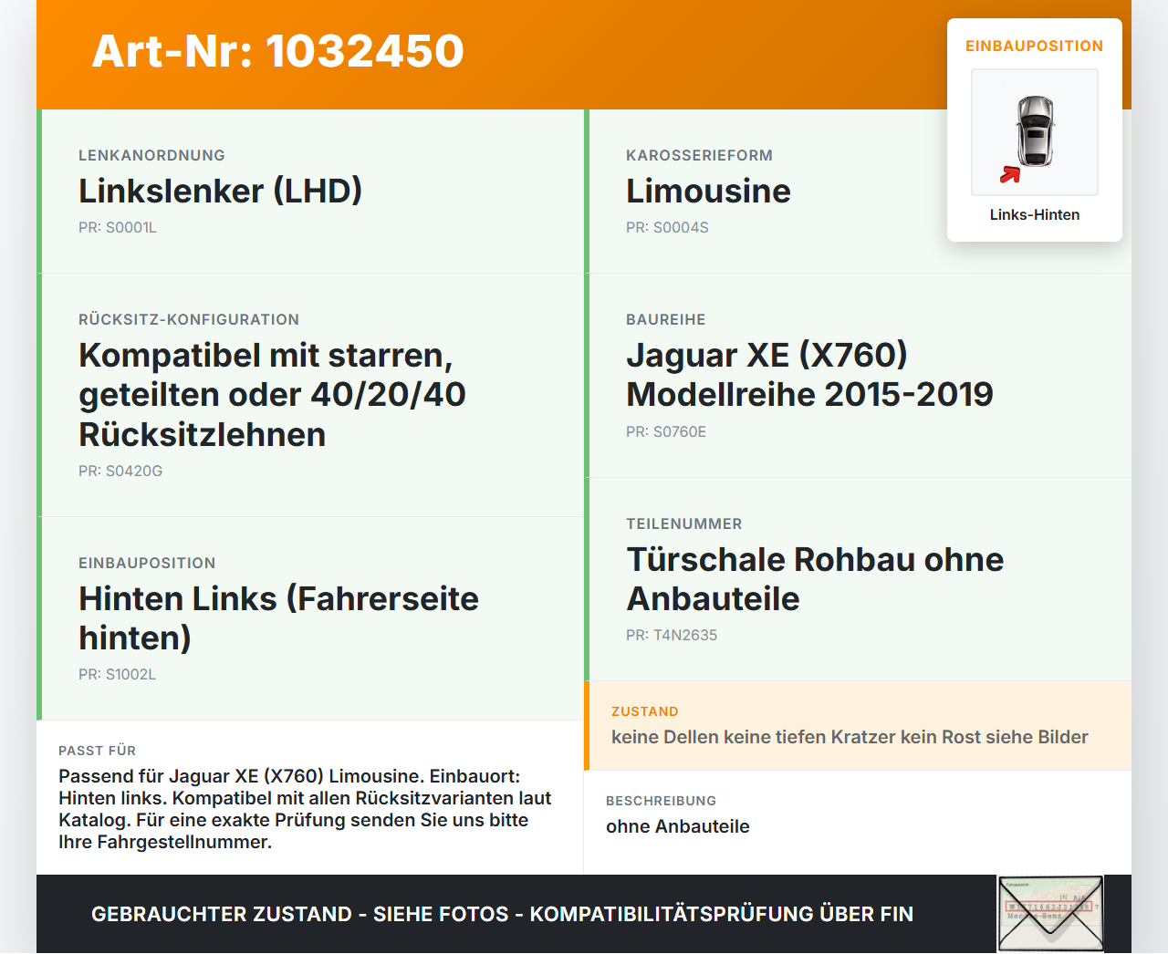 Jaguar XE X760 15-19 Lim Tür Links Hinten Jaguar XE X760 15-19 26.08.2018 T4N2635 gebraucht Vorschau 3
