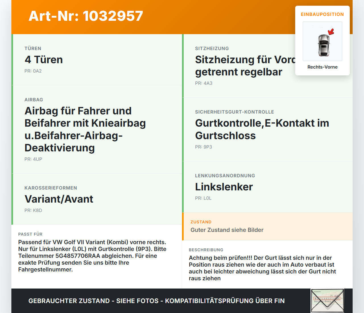 VW Golf VII 7 Variant 13-17 Kombi Sicherheitsgurt Gurt Gurtstraffer Rechts Vorne VW Golf VII 7 Variant 13-17... Vorschau 3