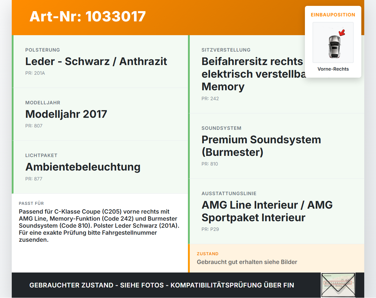 Mercedes C205 C400 15-18 Coupe Türverkleidung Türpappe Vorne Rechts Mercedes C205 C400 15-18 04.05.2017 A2057209413... Vorschau 3