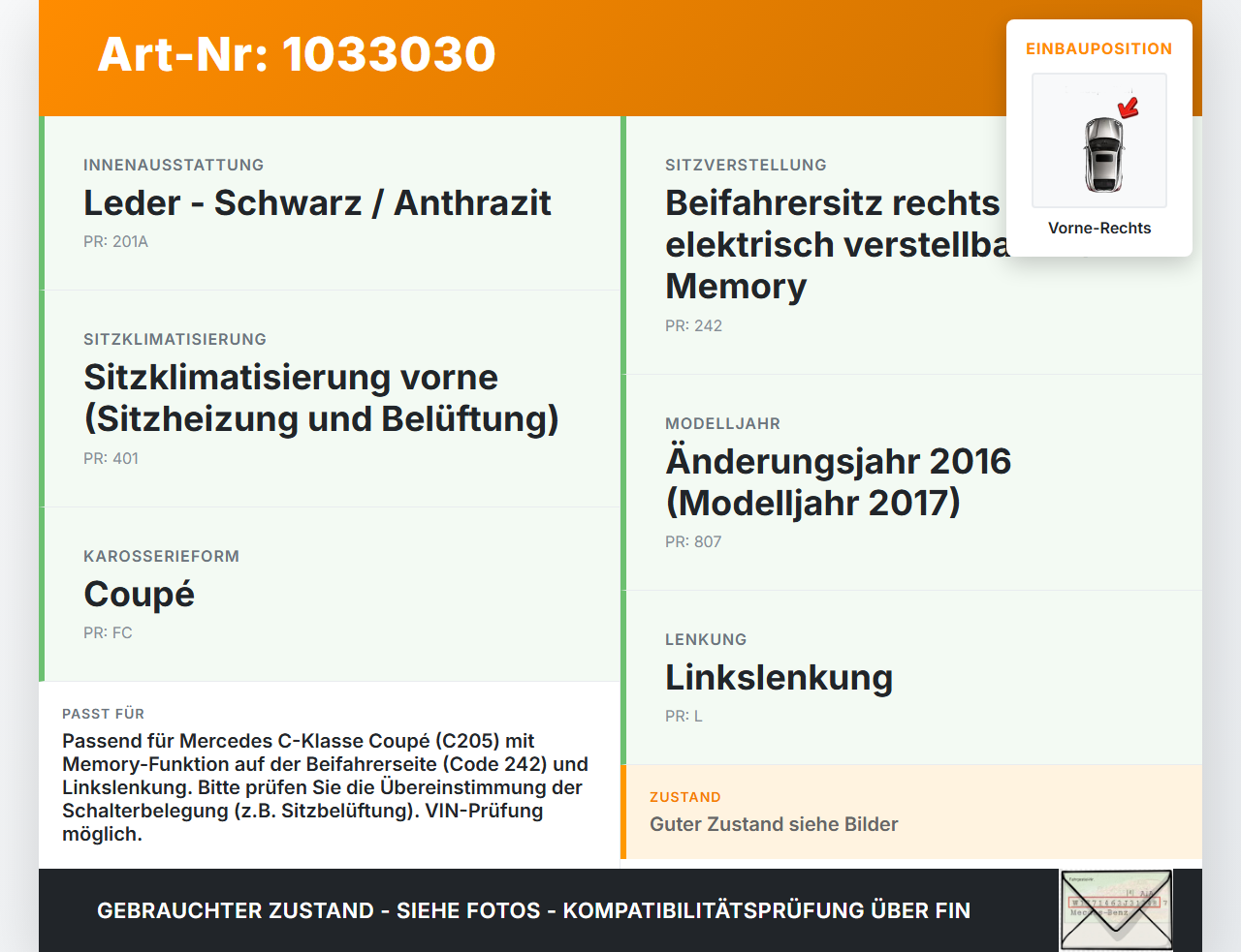 Mercedes C205 C400 15-18 Schalter Sitzverstellung Memory Vorne Rechts Mercedes C205 C400 15-18 04.05.2017... Vorschau 3