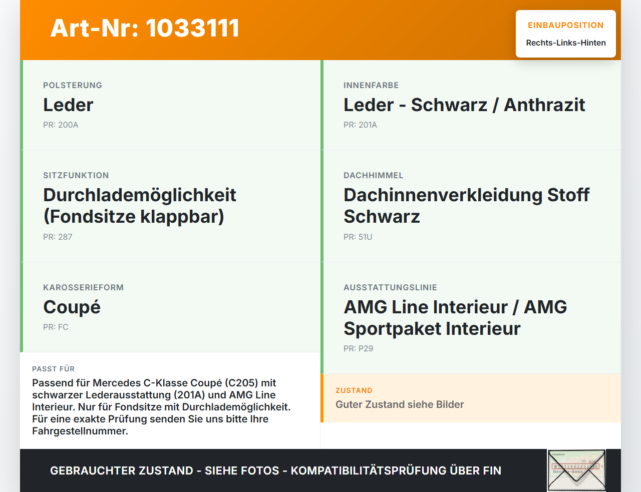 Mercedes C205 C400 15-18 Kopfstütze Rechts oder Links Hinten Mercedes C205 C400 15-18 04.05.2017 A2059701850 gebraucht Vorschau 3