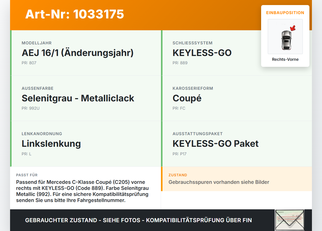 Mercedes C205 C400 15-18 Coupe Türgriff Griff Keyless Entry Lagerbügel aussen Rechts Vorne 992 Mercedes C205 C400... Vorschau 3