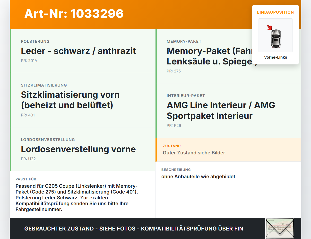 Mercedes C205 C400 15-18 Coupe Beheizt Sitz Fahrersitz Vorne Links Mercedes C205 C400 15-18 04.05.2017 A2059195000... Vorschau 3
