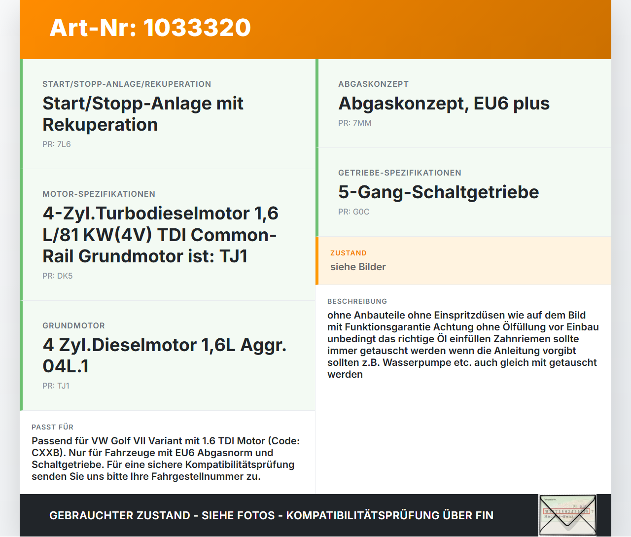 VW Golf VII 7 Variant 13-17 TDI 1,6 81KW CXXB Motor Triebwerk VW Golf VII 7 Variant 13-17 09.05.2016 04L100090D... Vorschau 3