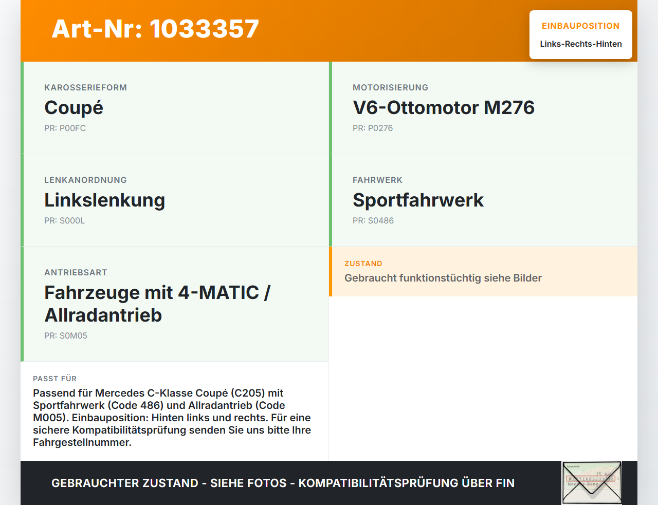 Mercedes C205 C400 15-18 Coupe Stossdämpfer Links und Rechts Hinten Mercedes C205 C400 15-18 04.05.2017 A2053206930... Vorschau 3