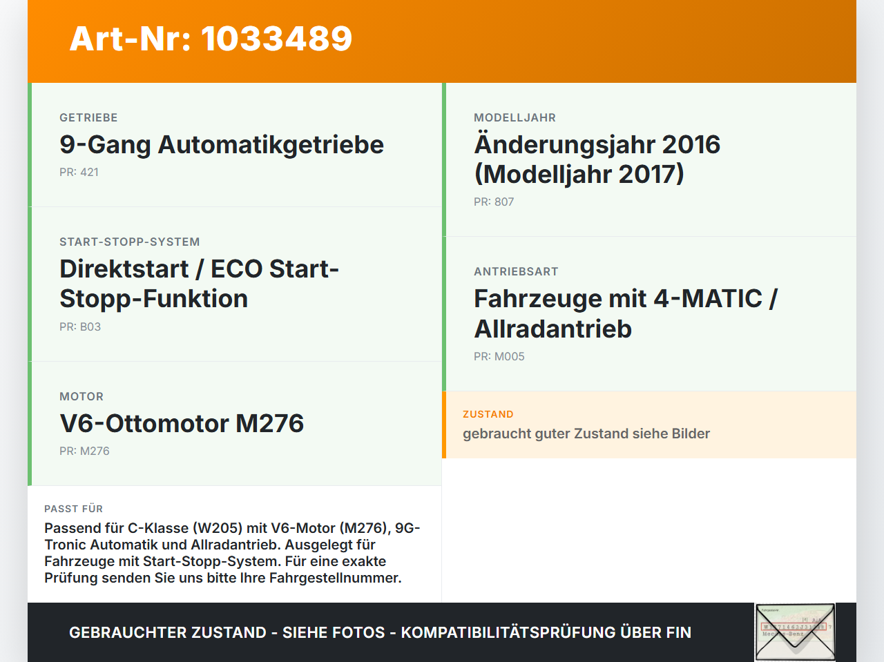 Mercedes C205 C400 15-18 3,0 245KW Autom Anlasser Starter Mercedes C205 C400 15-18 04.05.2017 A2769067800 gebraucht Vorschau 3
