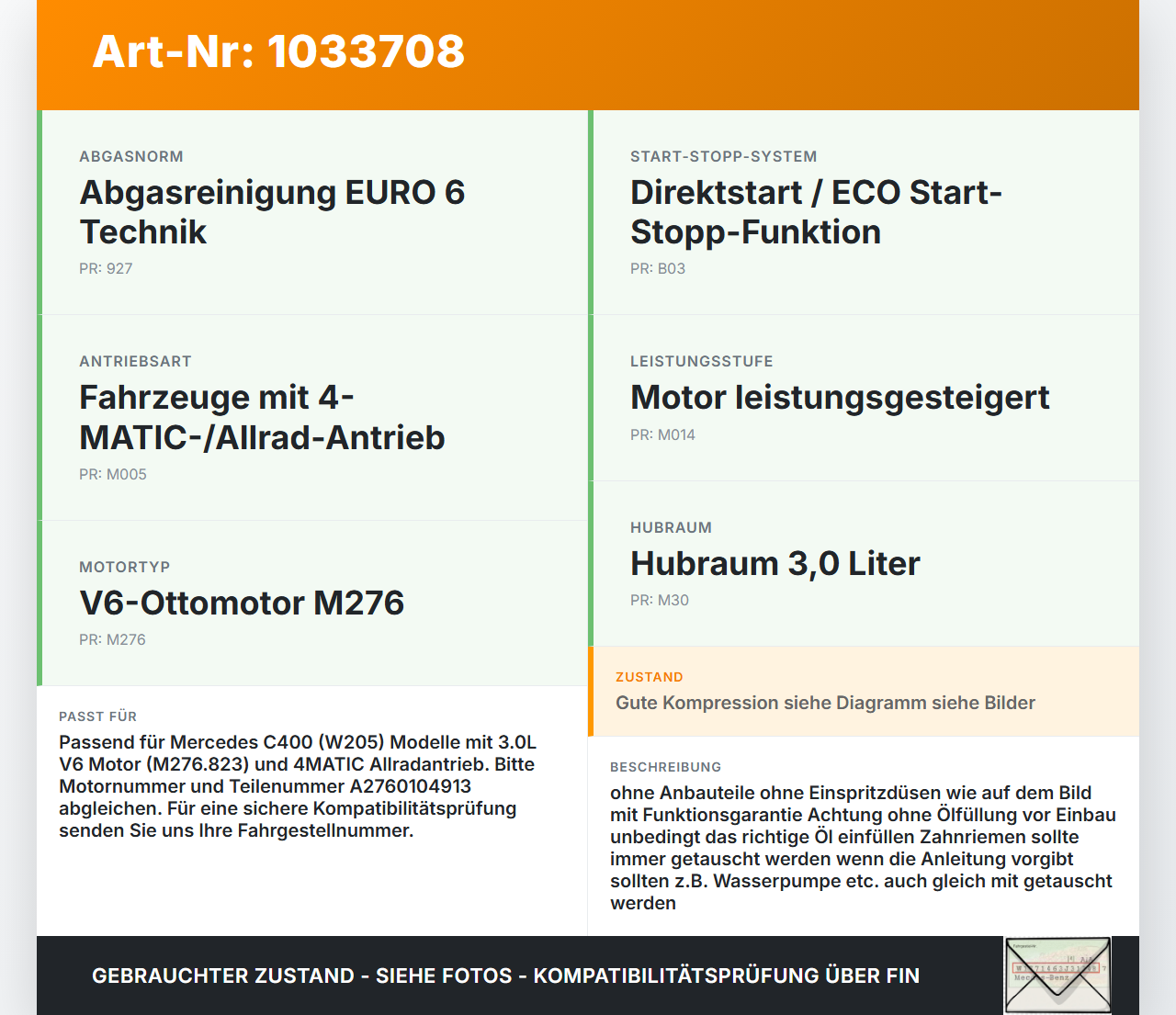 Mercedes C205 C400 15-18 3,0 245KW M276823 Motor Triebwerk Mercedes C205 C400 15-18 04.05.2017 A2760104913 gebraucht Vorschau 3