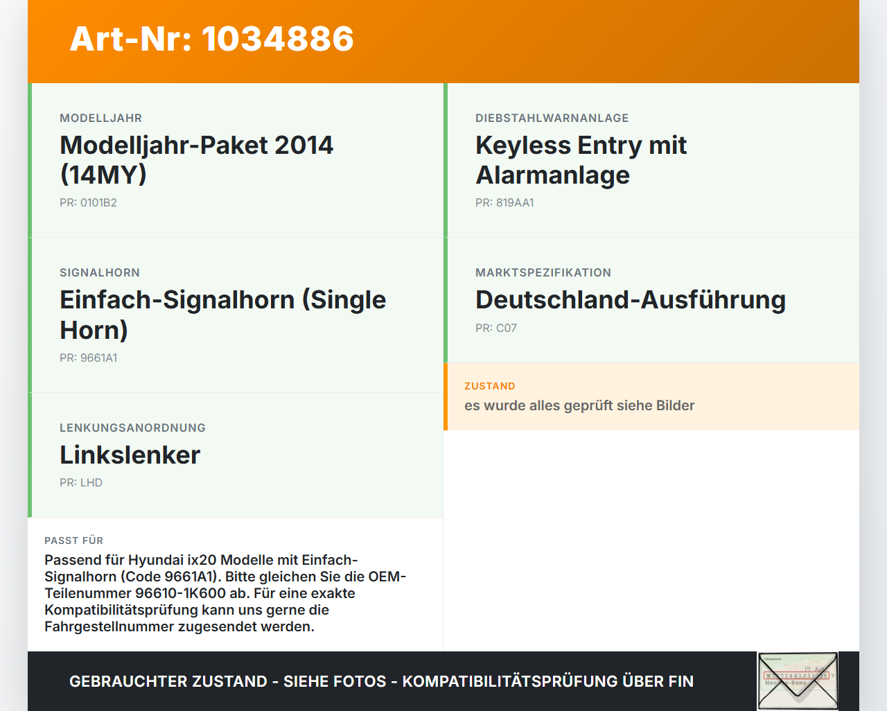 Hyundai IX20 JC 10-15 Hupe Signalhorn Tieftöner Hyundai IX20 JC 10-15 21.02.2014 966101K600 96610-1K600 gebraucht Vorschau 3