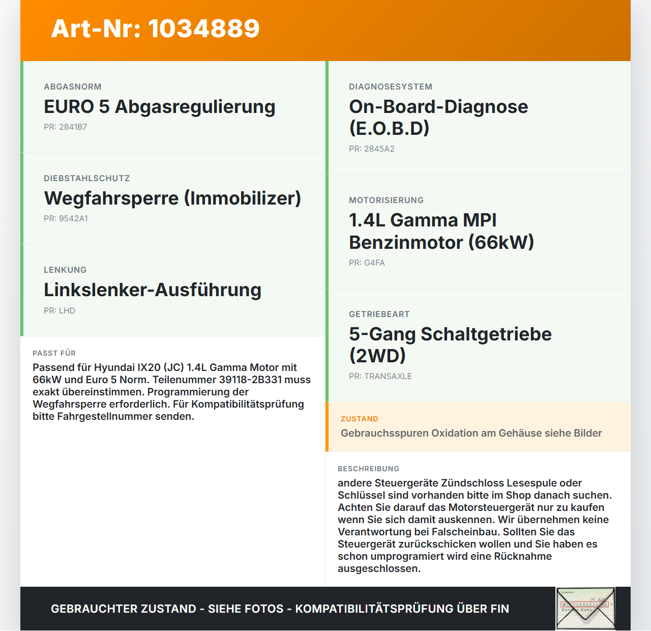 Hyundai IX20 JC 10-15 1,4 66KW Steuergerät ECU für Motor Motorsteuergerät Hyundai IX20 JC 10-15 21.02.2014... Vorschau 3
