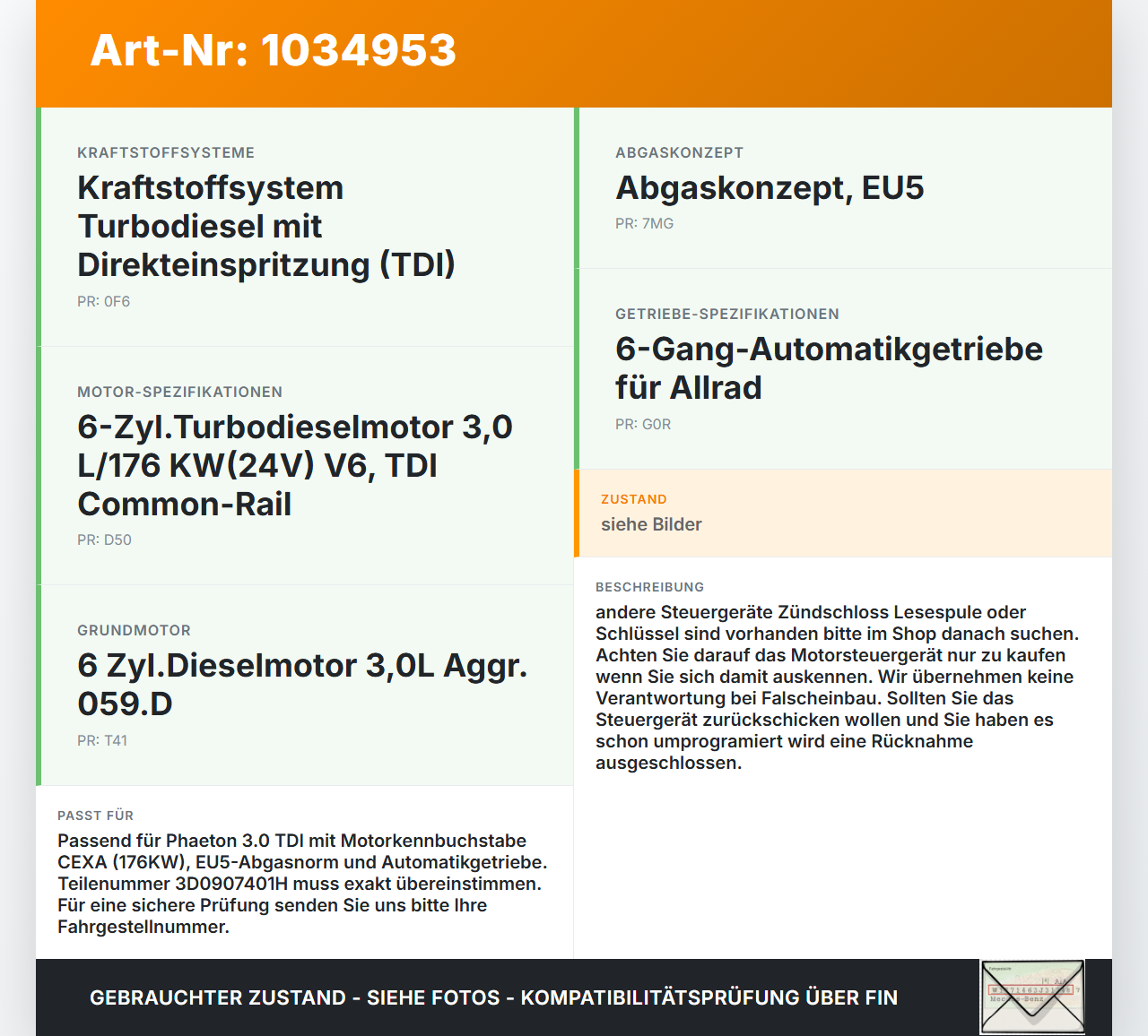 VW Phaeton 3D 10-16 TDI 3,0 176KW Steuergerät ECU für Motor Motorsteuergerät VW Phaeton 3D 10-16 15.12.2011... Vorschau 3
