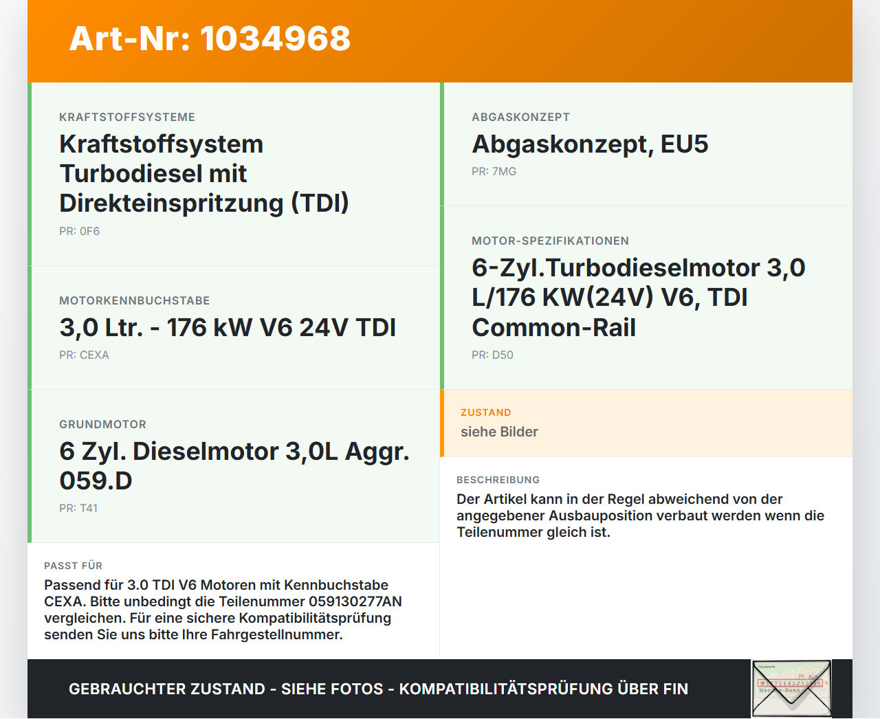 VW Phaeton 3D 10-16 TDI 3,0 176KW Injektor Einspritzdüse Zyl.2 VW Phaeton 3D 10-16 15.12.2011 059130277AN gebraucht Vorschau 3