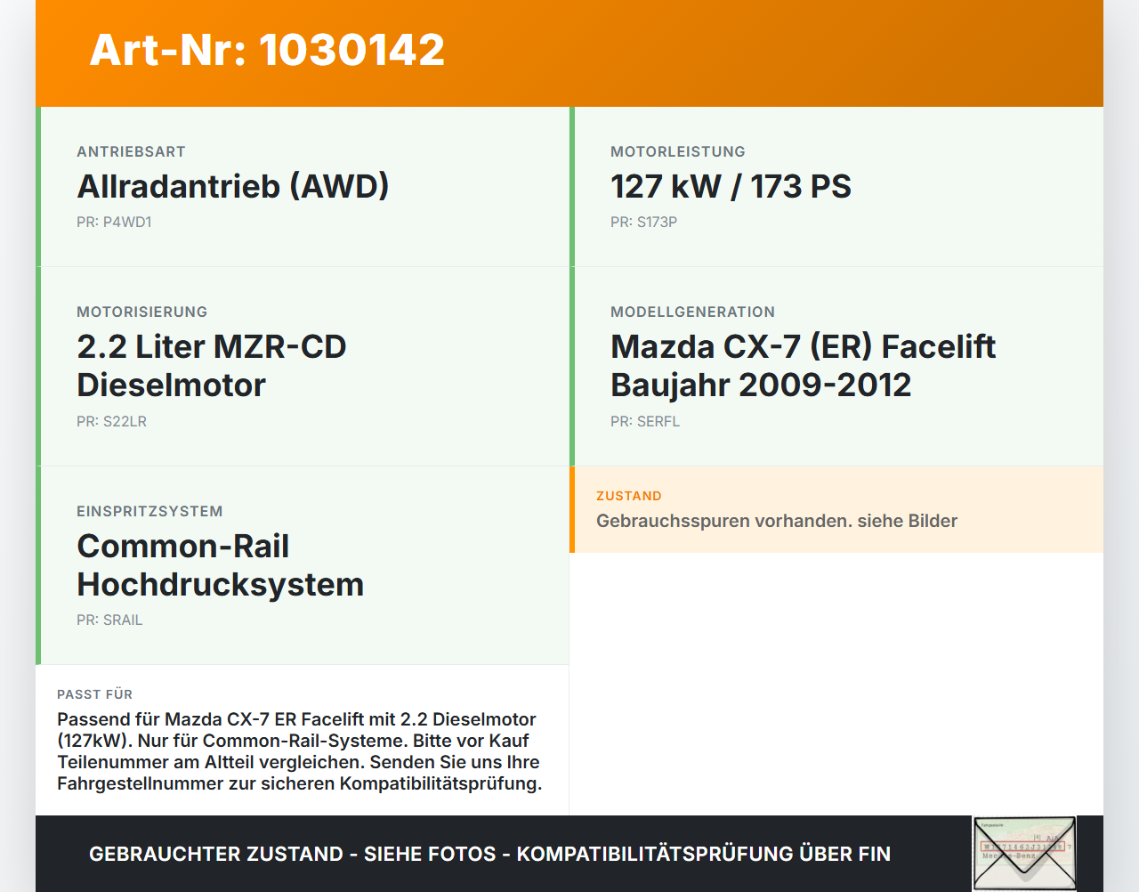 Mazda CX-7 CX7 ER 09-12 2,2d 127KW Railsensor Drucksensor Mazda CX-7 CX7 ER 09-12 20.12.2010 gebraucht Vorschau 3