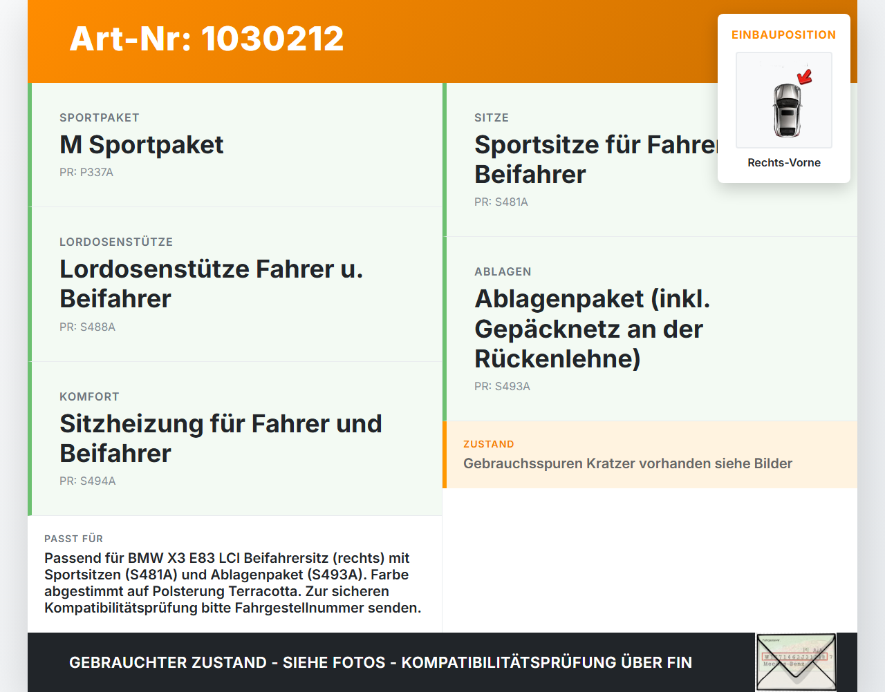 BMW X3 E83 LCI 06-10 3,0d 160KW Rückenblende Rückblende für Sitz Beifahrer Rechts Vorne BMW X3 E83 LCI 06-10... Vorschau 3