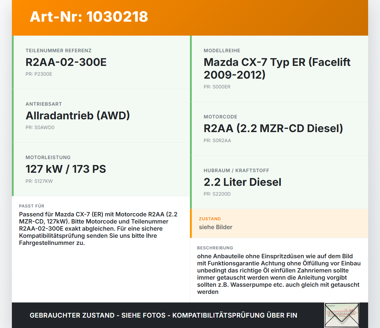 Mazda CX-7 CX7 ER 09-12 2,2d 127KW R2AA Motor Triebwerk Mazda CX-7 CX7 ER 09-12 20.12.2010 R2AA-02-300E gebraucht Vorschau 3