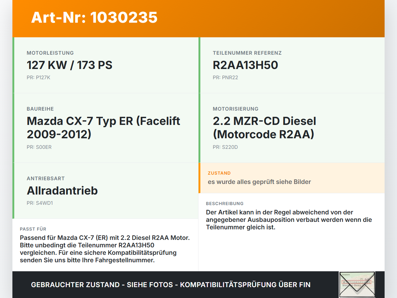 Mazda CX-7 CX7 ER 09-12 2,2d 127KW Injektor Einspritzdüse Zyl.3 Mazda CX-7 CX7 ER 09-12 20.12.2010 R2AA13H50 gebraucht Vorschau 3